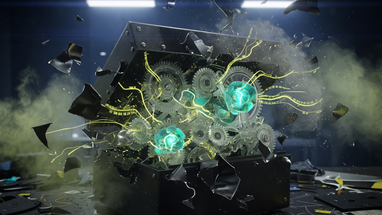 密封黑盒被拆开、内部虚拟机结构显露的逆向意象