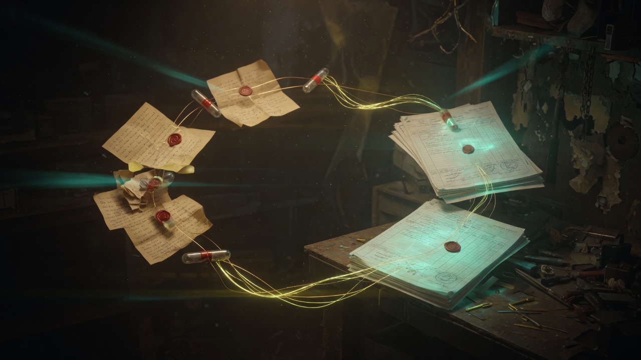 消息变成密封胶囊再变成可验证账本的业务闭环意象